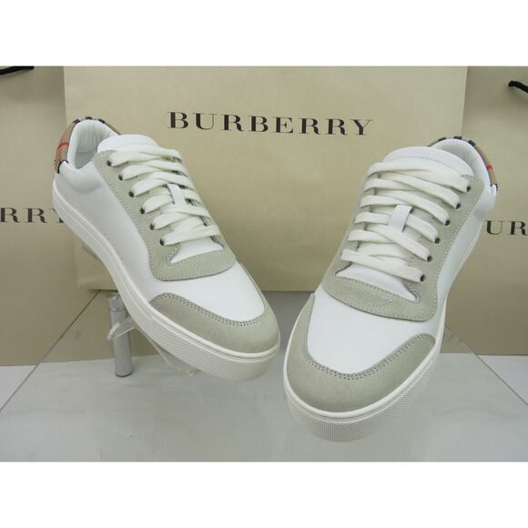 NIB BURBERRY ROBIN WHITE BEIGE CHECK LEATHER LOW LOGO SNEAKERS US 7 40 IT $870 - Picture 9 of 13